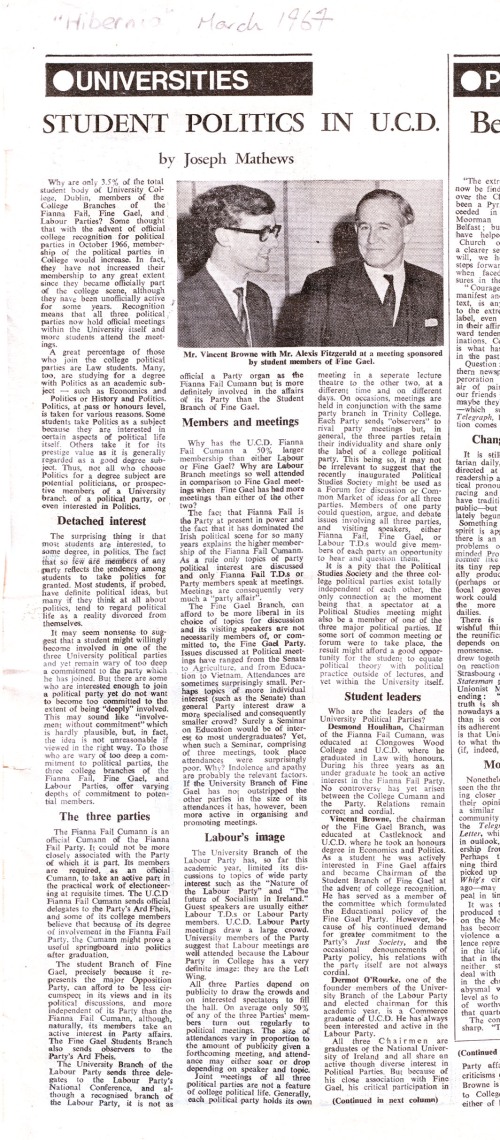 'Student Politics in UCD'. Hibernia newspaper. March 1967.